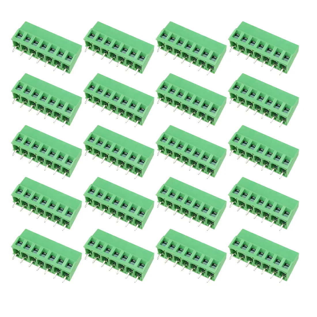 

uxcell 20Pcs AC300V 10A 5mm Pitch 7P Flat Angle Needle Seat Plug-In PCB Terminal Block Connector green