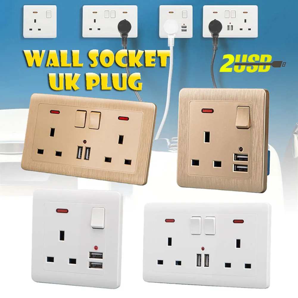 USB Double Socket Wall Plug Charger Port 2 Gang Socket Outlet Plate 250V 13A UK 