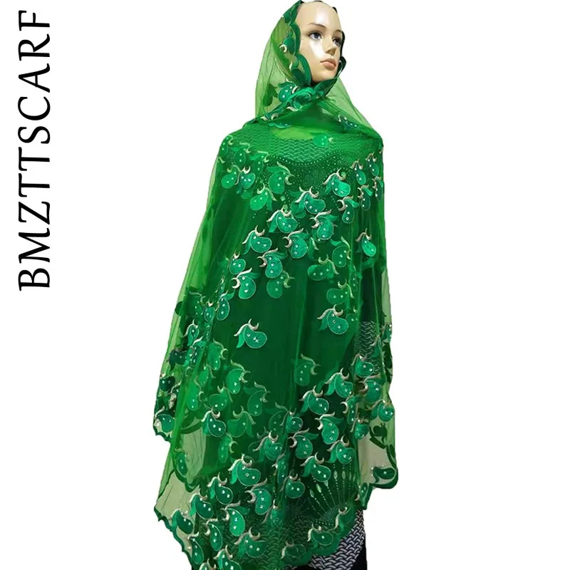 Color 2 African Women Scarf Good Quality Plain Embroidery with Stones Soft Net Scarf for Headscarf Wraps Pashmina BM805 - Цвет: Color 2