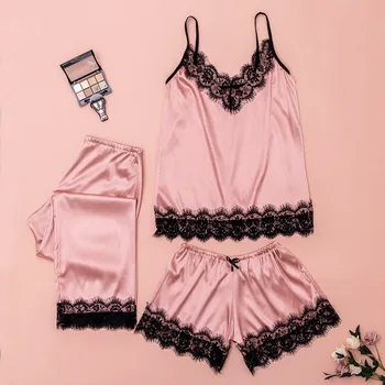 

3pc Women Lace Satin Sleepwear Pink Lingerie Camisole Bow Trousers Casual Pajamas Sets Nightwear Underwear Mujer #T2G