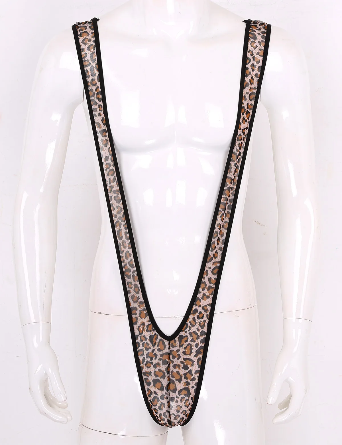 ChicTry Male Mens Leopard Print One-piece Stretch Deep V-shaped Mankini Thong Underwear Lingerie Suspender Bodysuit Swimsuits