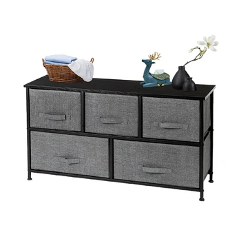 

2-Tier Wide Closet Dresser Nursery Dresser Tower With 5 Easy Pull Fabric Drawers And Metal Frame Multi-Purpose Organizer Unit