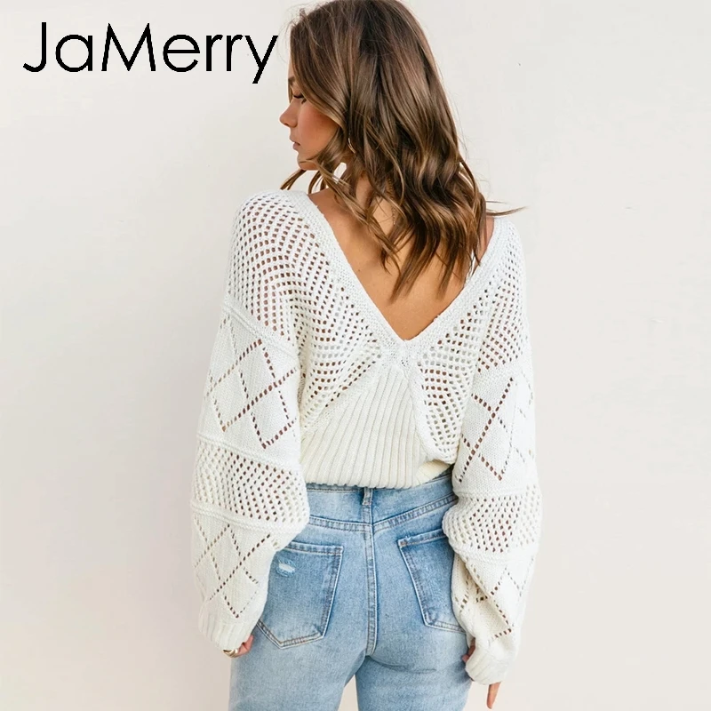 JaMerry/Винтажный белый Вязанный свитер с вырезами, Женский Повседневный осенний пуловер с рукавами «летучая мышь» и открытой спиной, свободные зимние рабочие джемперы