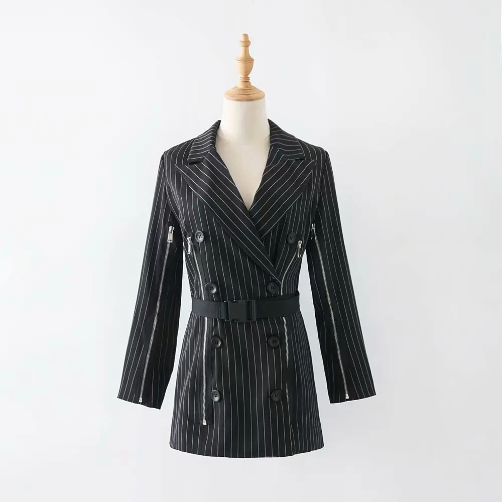 

2018 New Style Autumn Clothing Western Style Stripes Retro Slim Fit Zipper Belt Suit Middle Long Coat Women's