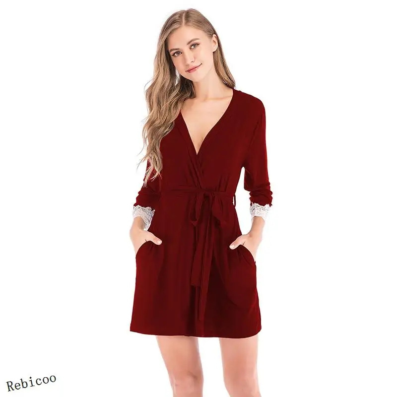 

Bridesmaid Robes for Women Modal Cotton Sexy Lace V-neck Lounge Bathrobe with Belt Comfortable Female Home Sleepwear Dressing