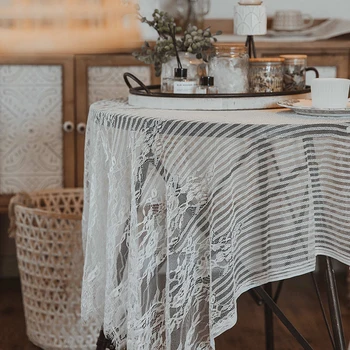 

White Lace Table Cloth French Style Cotton Stripe Anti-dust Square Table Cover Studio Food Photogrphy Background Home Decor