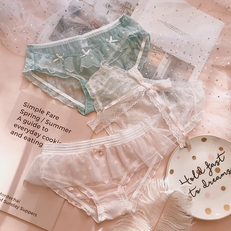 3 шт., японские милые Лолиты для девочек, Kawaii Nets, пряжа с бантом, кружевные трусы принцессы с рюшами, Трусы средней длины, маленькое сказочное нижнее белье, трусы - Цвет: J