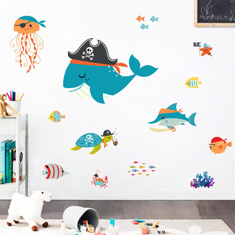 Cartoon Pirate Whale Undersea Animals Wall Sticker For Kids Room Bedroom Decoration Art Decals Wallpaper Glass Door Stickers