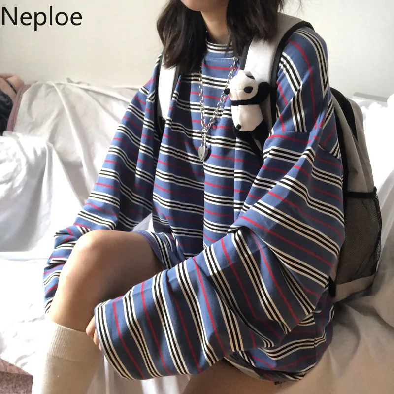 Neploe/Корейская футболка в стиле Харадзюку с полосатым низом в стиле ретро, свободные футболки с длинными рукавами для влюбленных, новинка года, весенне-осенний топ с круглым вырезом
