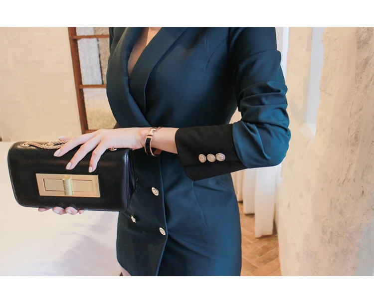 Autumn Deep Green Notched Collar Patchwork Women Blazer Dress Office Ladies Sukienki Empire Double Breasted Sexy Vestido DF469
