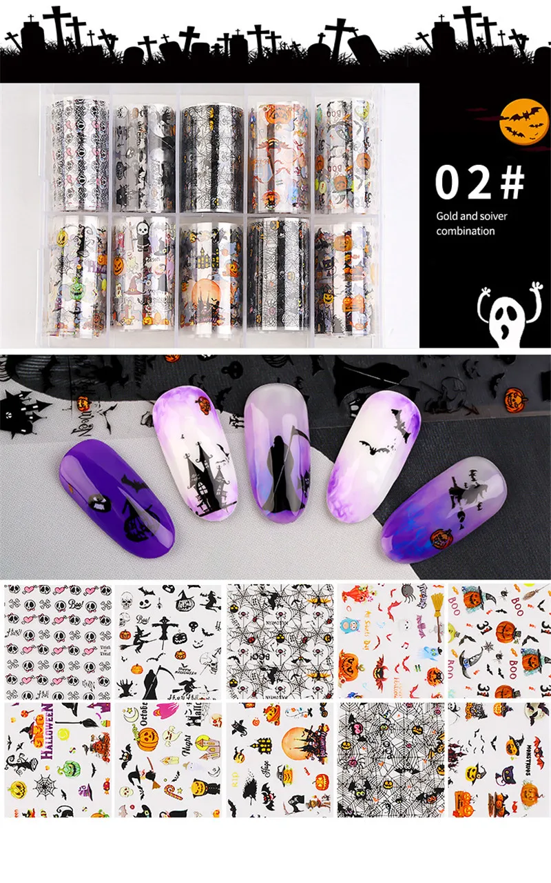Kalvaro 10 Rolls Holographic Nail Transfer Paper Halloween Nail Decals Adhesive Foils Nail Art Stickers 3D Manicure Decoration