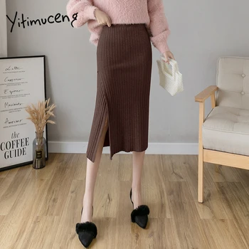 

yitimuceng women skirts office ladi side split autumn winte ribbed knitted skirts elegant casual straight high waist midi skirt