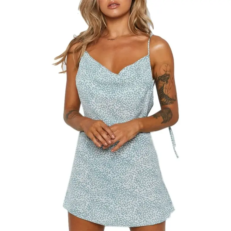 

Women Tied Strap Boho Floral Slim A-Line Mini Dress Sexy Backless Beach Sundress