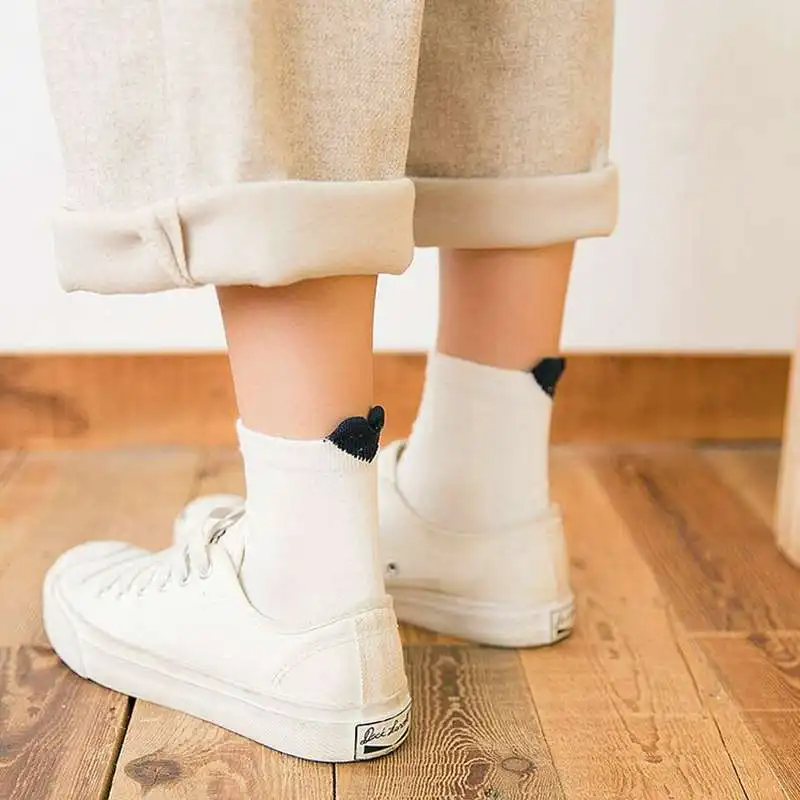 5 пар,, женские хлопковые носки Kawaii, белые, красные носки с принтом в форме сердца, короткие носки, повседневные носки с ушками животных и красным сердцем для девочек