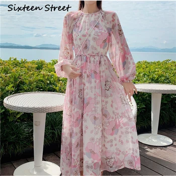

New Spring Floral Printed O-neck Pink Dress Woman Lantern Sleeve Casual High Waist maxi vacation chiffon dress female clothing