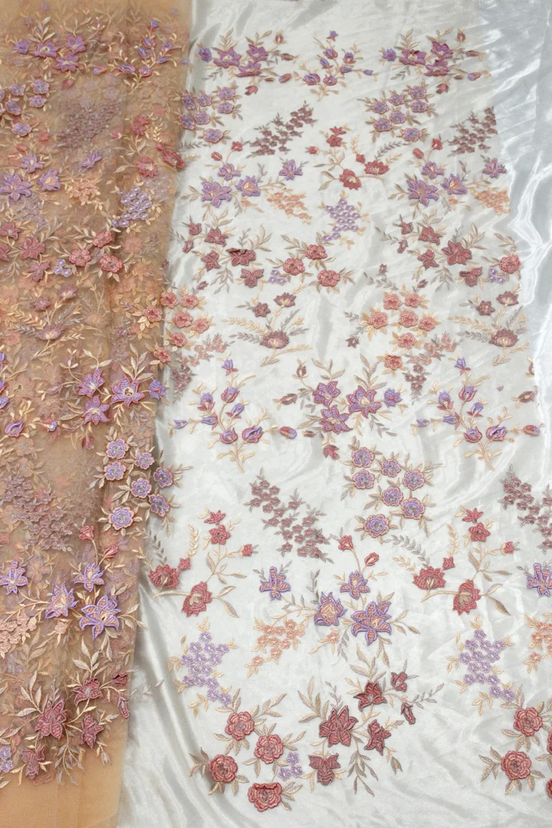 Peach lace Tulle Net Mesh 3D Embroidery Flowers Lace Purple Lilac Dresses Lace Fabric Table Cloth Stage Cloth Laces - Цвет: Peach lace