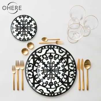 

Black literary style tableware bone china plates Western-style wedding table set dinner plate Restaurant Creative Plate dish