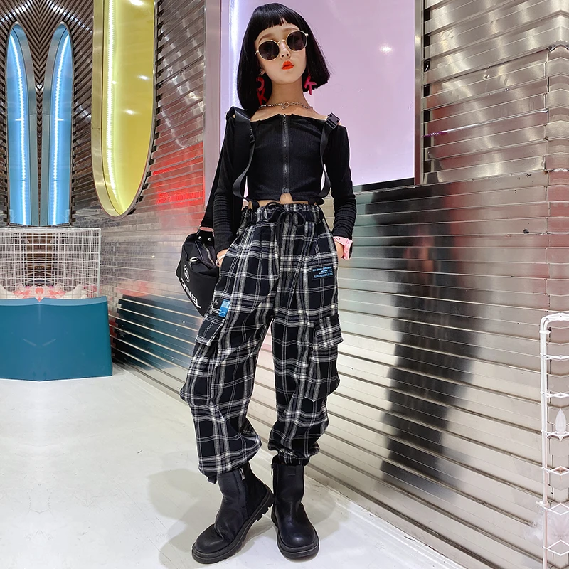 

Fashion Show Children Girls Clothes Outfits Slim Off shoulder tops Loose Plaid Harem Pants Suit Cool Kids Girl Sets Black Autumn
