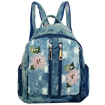 

Canvas + denim embroideries children backpack cowboys package travel bag kids mochila infanti escolar bolso feminina for girls