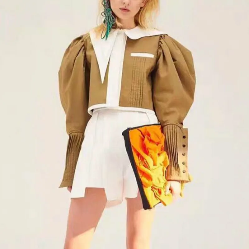 

Runway Personality Jackets Women Designer Irregular Peter Pan Collar Ruched Lantern Sleeves Buttons Coats Female Short Blazers
