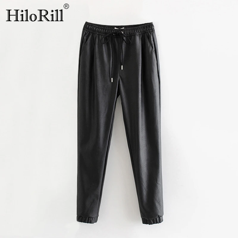 Chic PU Leather Pants Women Long Length High Waist Black Pants Drawstring Tie Solid Elegant Female Trousers Pocket Basic Bottoms