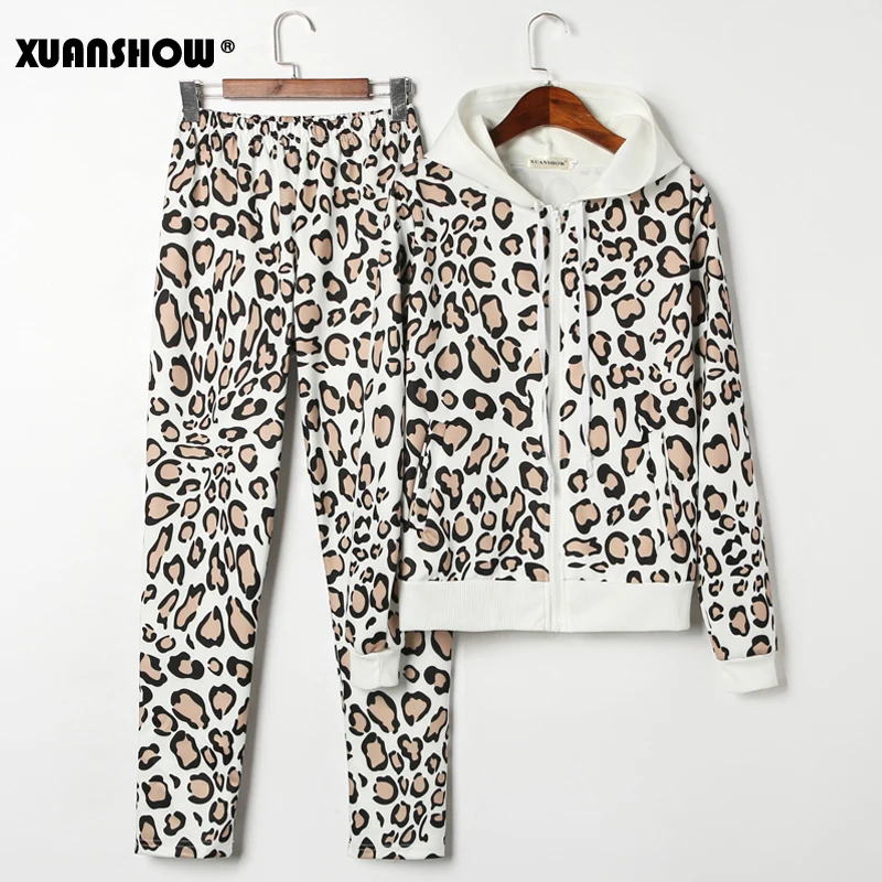 XUANSHOW Спортивная одежда для женщин мода Леопардовым принтом Молния с капюшоном Куртка Длинные штаны 2 Piece Set женщины Повседневная обмундирование Беговая Femme