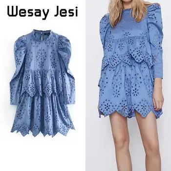 

ZA Summer Dress women england vintage embroidery Hollow out O-neck party mini dress women vestidos de fiesta de noche vestidos