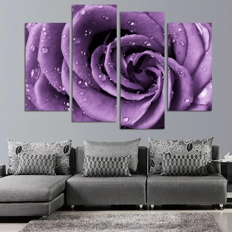 4pcs Kit Canvas Paintings Wall Decoration Canvas Purple Roses Flower With Dew Wall Art Picture for Living Room Home Decoration (5)