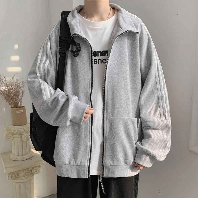 

M-2XL Striped Black Grey Men's Stand Collar Cardigan Sweater Trend Loose Top Casual Student Sports Jackets Simple Jackets