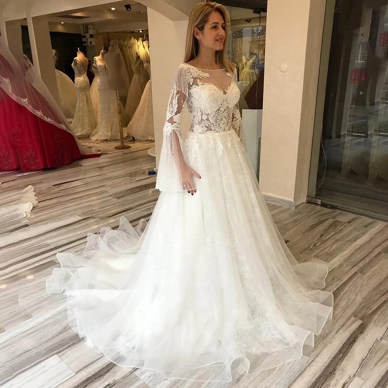 New Design A Line Wedding Dress Sheer Neck Long Sleeve Tassel Lace Glitter Bridal Gowns Graceful Robe de mariee