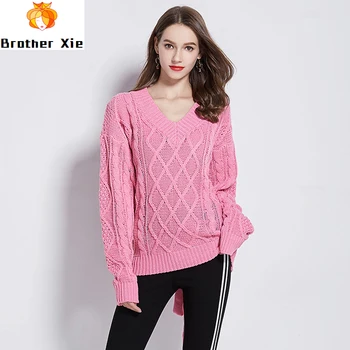 

2020 New Spring Autumn Knitted Sweater Women V Neck Long Sleeve Sexy Backless Tie Up Knitted Pullover Female Loose Sweater