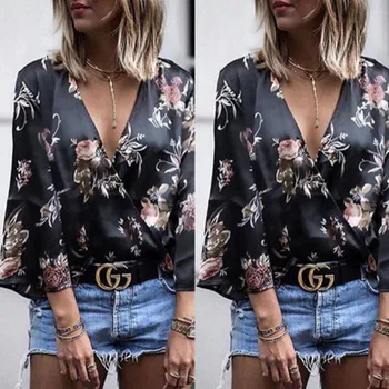 

Hot Sale Vintage Long Sleeve Ladies Blouse Summer Casual Loose Sexy V Neck Floral Shirts Women Tops Clothes Plus Size Clothes