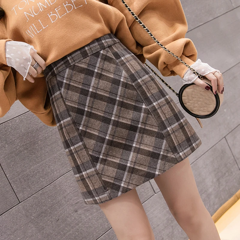 coffee plaid Осенне-зимний симпатичный стиль преппи клетчатая мини-юбка женские высокие женские шорты, юбки Корейская шерстяная теплая Юбка faldas mujer - Цвет: coffee plaid