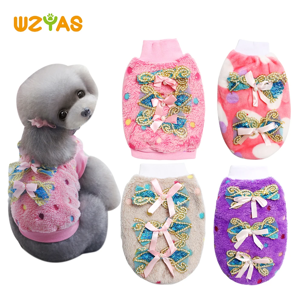 

Thicken Dog Clothes Fleece Vest Winter Pet Dog Coat Jacket With Dots Princess Costume With Bowknots Pearls For Chihuahua