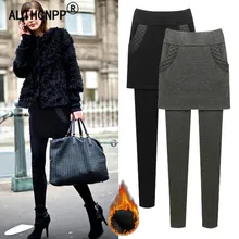 M-6XL размера плюс бархатные толстые зимние теплые флисовые Леггинсы для женщин Одежда для улицы поддельные две части высокой талии пуш-ап леггинсы