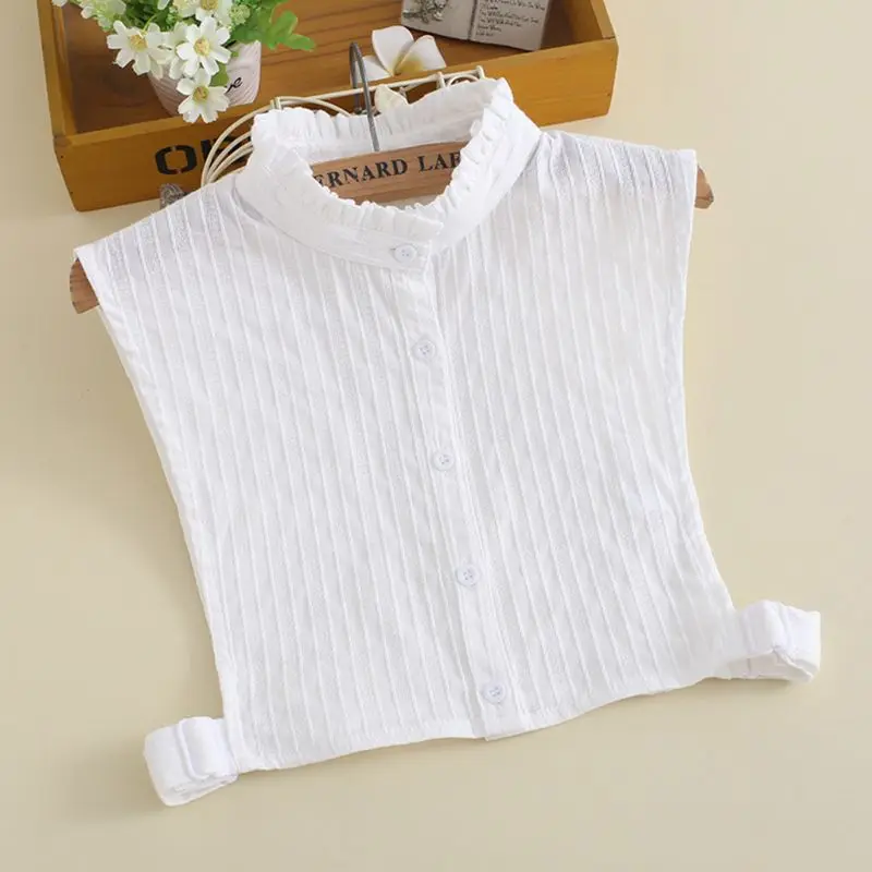 

Womens White Fake Collar Vertical Stripes Detachable Lapel Ruffles Half-Shirt R9JE