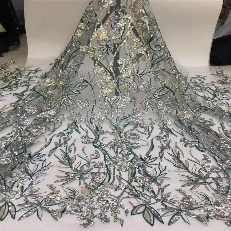 

2020 Latest African Lace Fabric High Quality Sequins Soft Stretch Lace Nigerian Lace Fabric For Wedding SewA