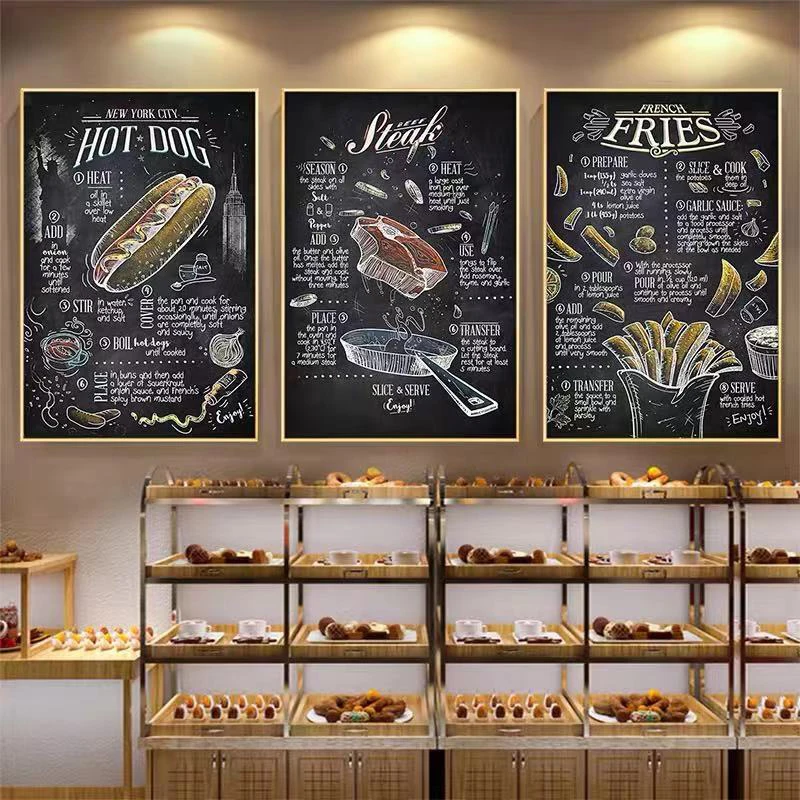 Restaurant Decoration Painting Food Canvas Prints Hamburger Fries Pizza Poster Wall Art For Living Room Modern Menu Home Decor | Дом и сад