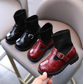 

Autumn and Winter Girls Casual Knitted Short Boots Princess Soft Sole Leather Shoes Children Shoes