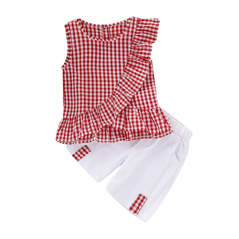 Костюм для девочек Новинка лета 2020 красная клетчатая рубашка без рукавов в