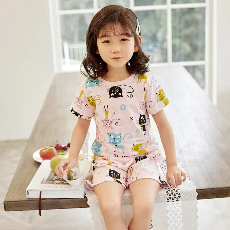 Pajamas Set for Girls Short Sleeve Sleepwears Kids Short Pjs Sets Baby Summer 100% Cotton Pj 