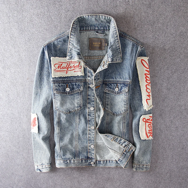 

Fashion Streetwear Men Jackets Retro Blue Patchwork Designer Hip Hop Jackets Men Punk Style Denim Coats Printed Biker Jackets