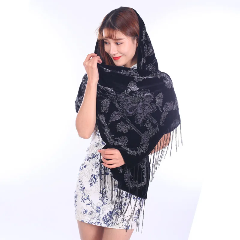 

Floral Peacock Scarf Winter Mix Design Burnout Velvet Scarf Women Sexy Leopard Black Muslim Hijab Poncho