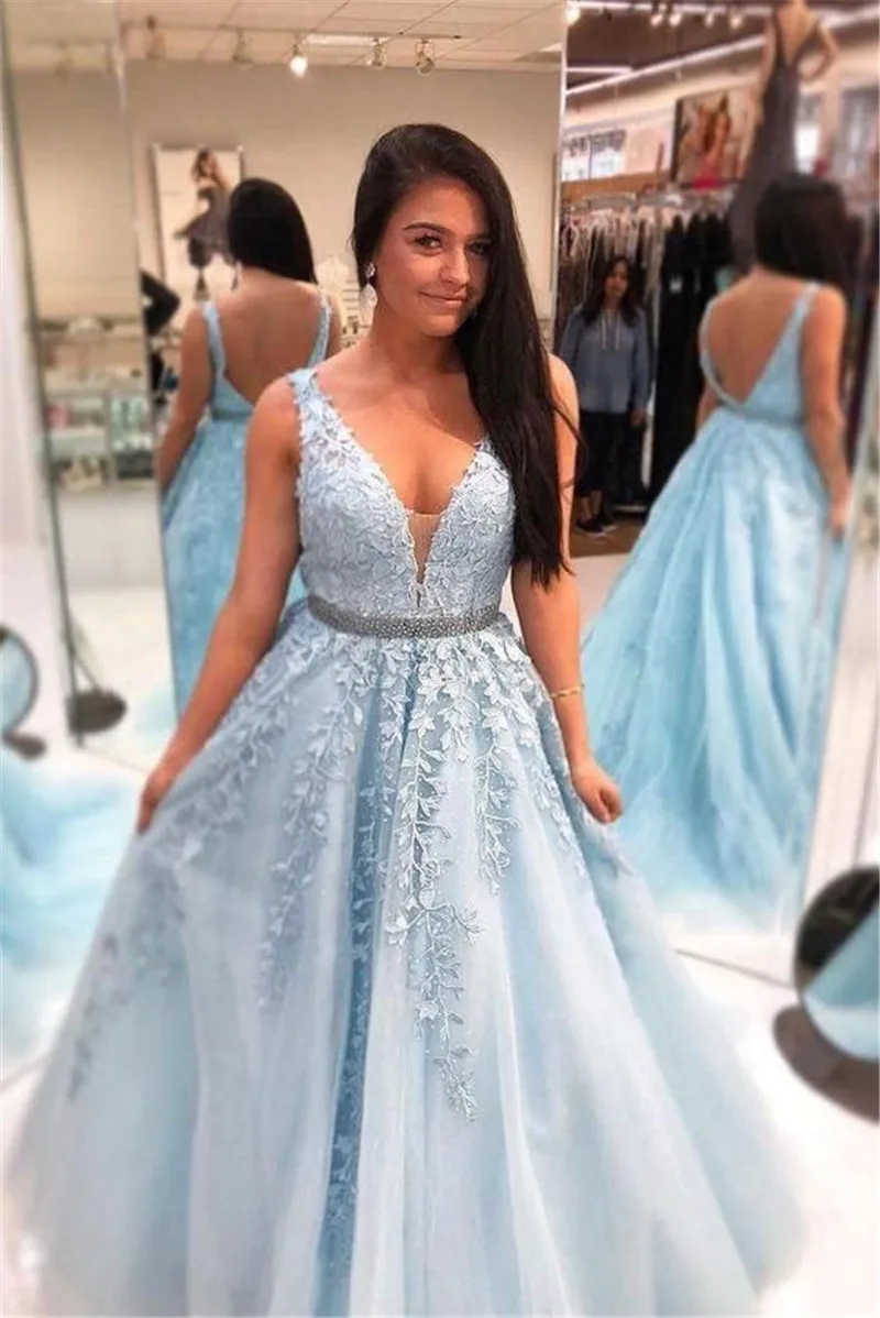 Роскошные Кристаллы Кружева синие платья на выпускной длинные Vestidos De gala сексуальный V задний ремень с бисером вечерние платья Robe De Soiree