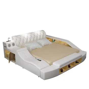 

Hot sales Genuine leather bed solid wood frame Soft Beds massage storage safe box bed