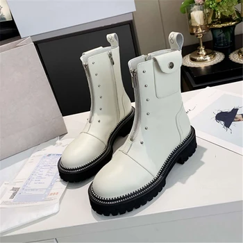 

Women Ankle boots Zipper wicker boots platform round toe shoes cool Stitching leather Genuine Leather shoes кроссовки