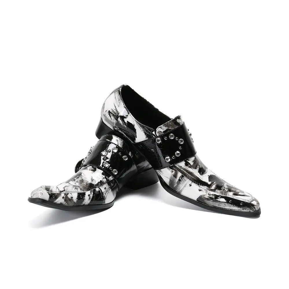 British Men Party Wedding Dress Shoes Black White Pattern Rivets Buckle