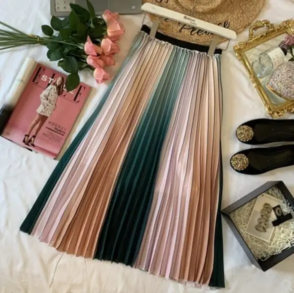 New Summer Women's Romantic Fairy Color Rainbow Chiffon Long Skirt Elastic High Waist Female Girls A Line Skirts - Цвет: Многоцветный