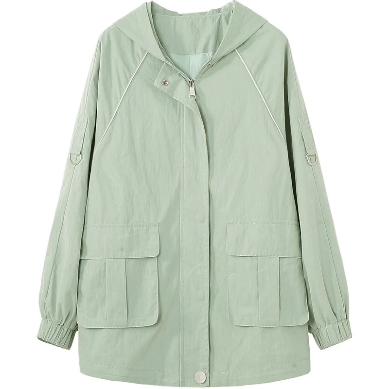 

Solid Color Cool Slimming Elegant Large Pocket Fashion Fan Hooded Trench Coat