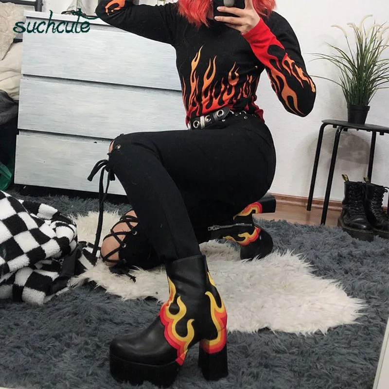 SUCHCUTE пламя огня печати женские футболки Готическая рубашка женская однотонная осень корейский Стиль Новая мода Женские топы удобные
